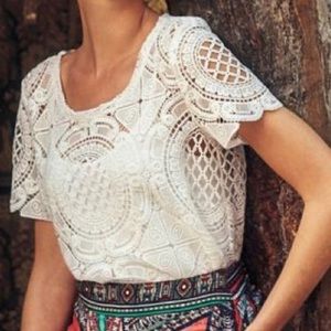 Anthropologie | Blue Tassel Geometric Lace Top | L